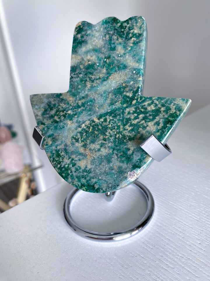 Green Aventurine Hamsa Carving with Stand
