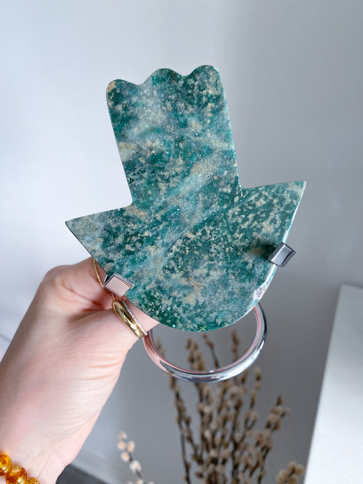 Green Aventurine Hamsa Carving with Stand