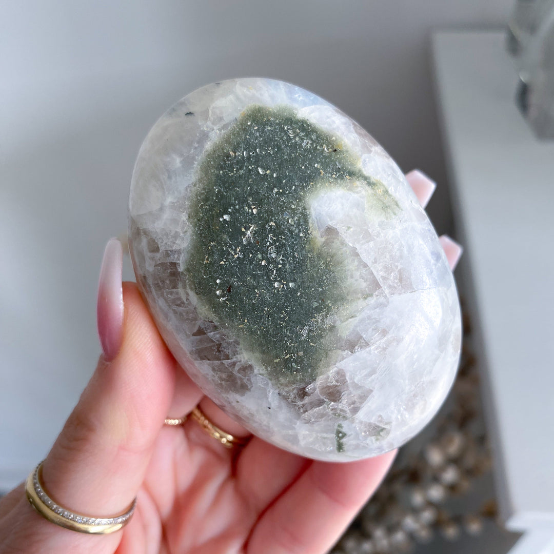 Rainbow Moonstone Palm Stone w/ Inclusion