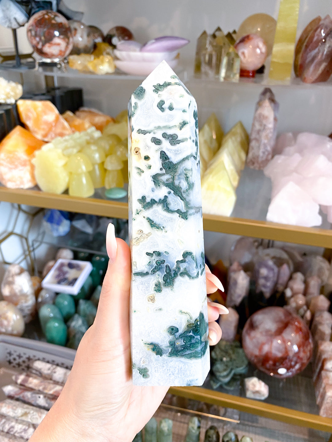 7" Beautiful Moss Agate Tower #2 - Get Exact Item