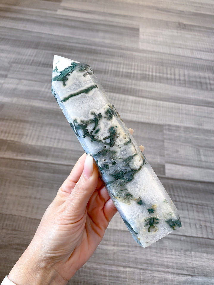 7" Beautiful Moss Agate Tower #2 - Get Exact Item