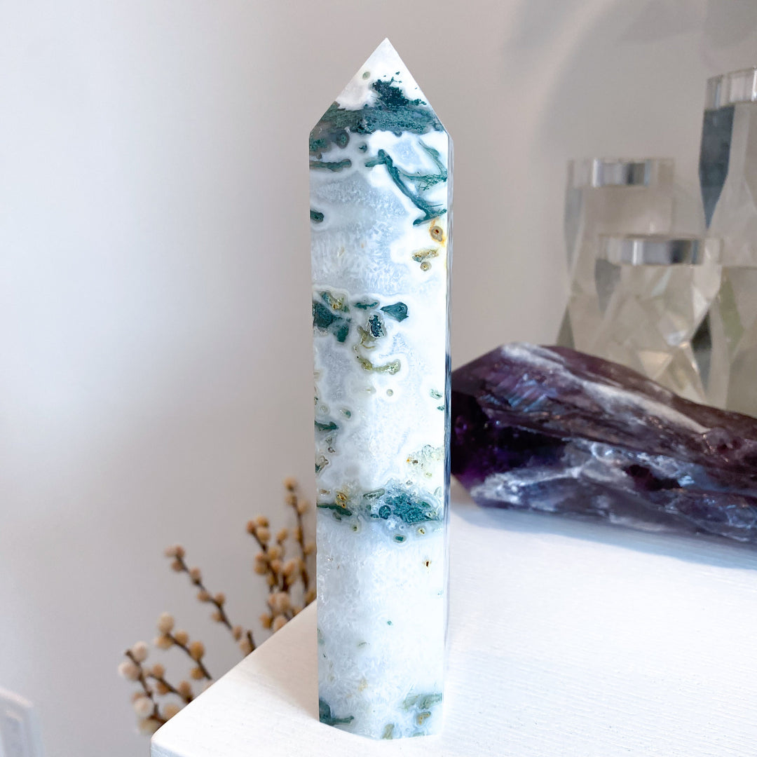 7" Beautiful Moss Agate Tower #2 - Get Exact Item