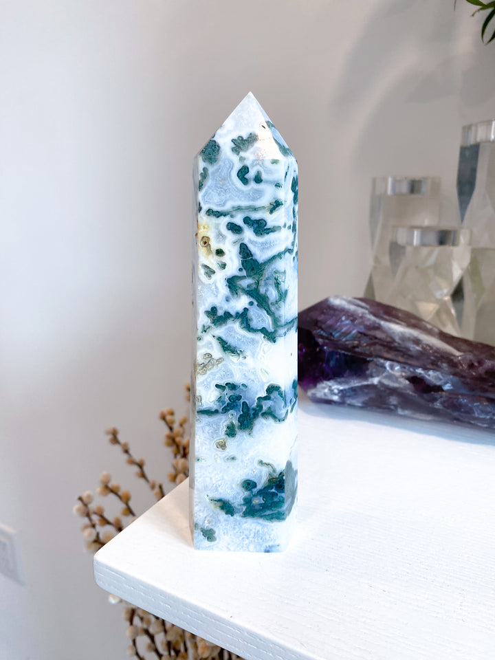7" Beautiful Moss Agate Tower #2 - Get Exact Item