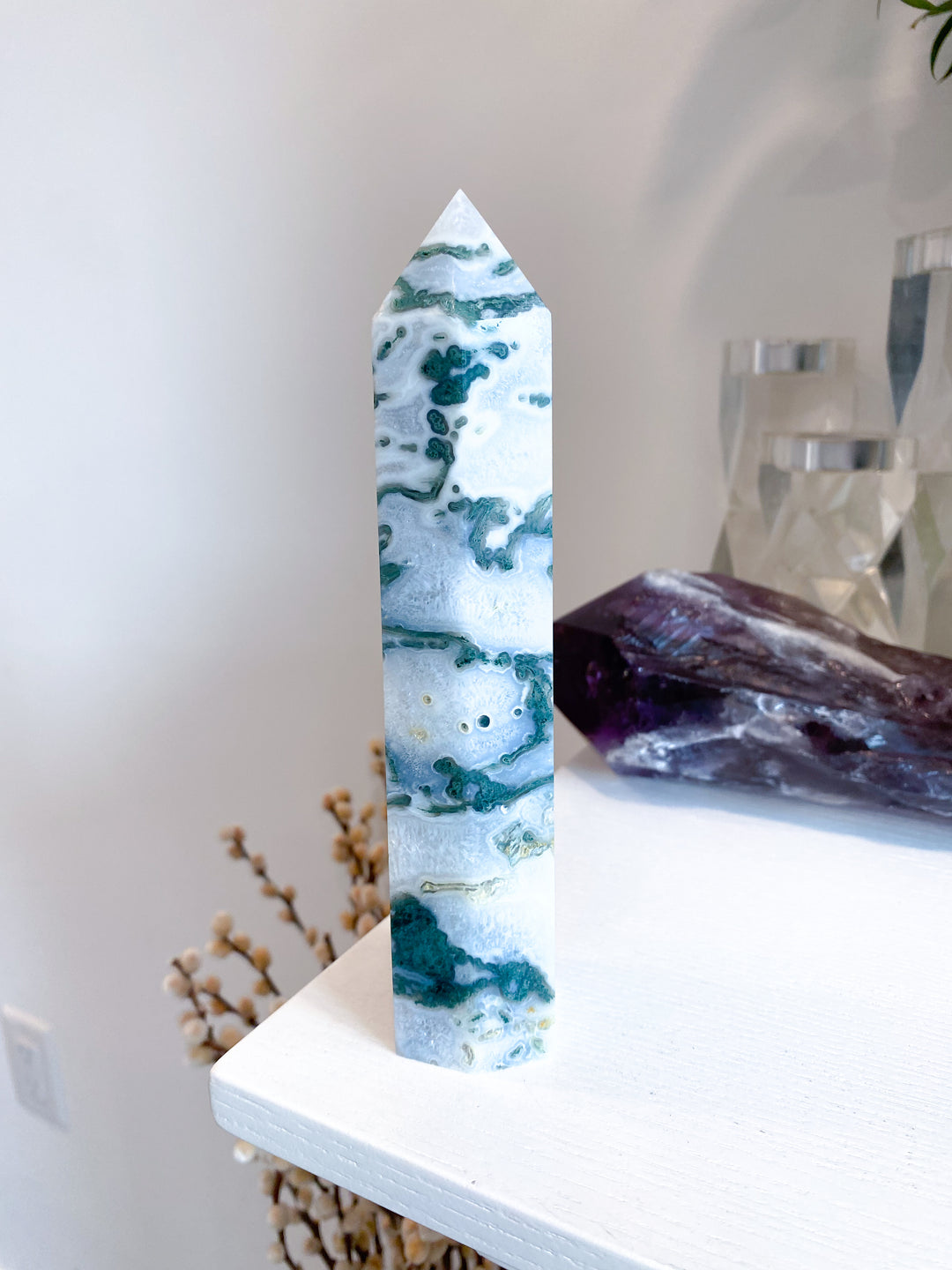 7" Beautiful Moss Agate Tower #2 - Get Exact Item