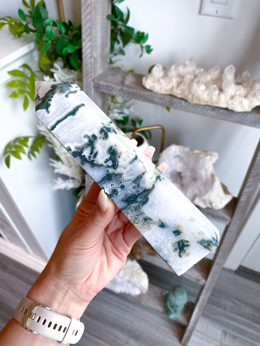 7" Beautiful Moss Agate Tower #2 - Get Exact Item