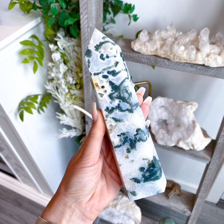 7" Beautiful Moss Agate Tower #2 - Get Exact Item