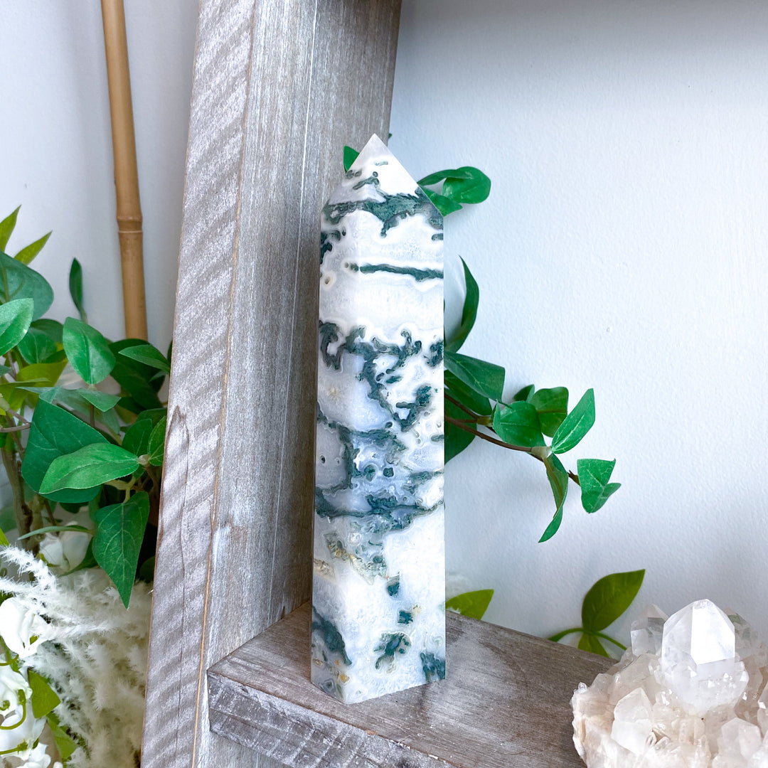 7" Beautiful Moss Agate Tower #2 - Get Exact Item