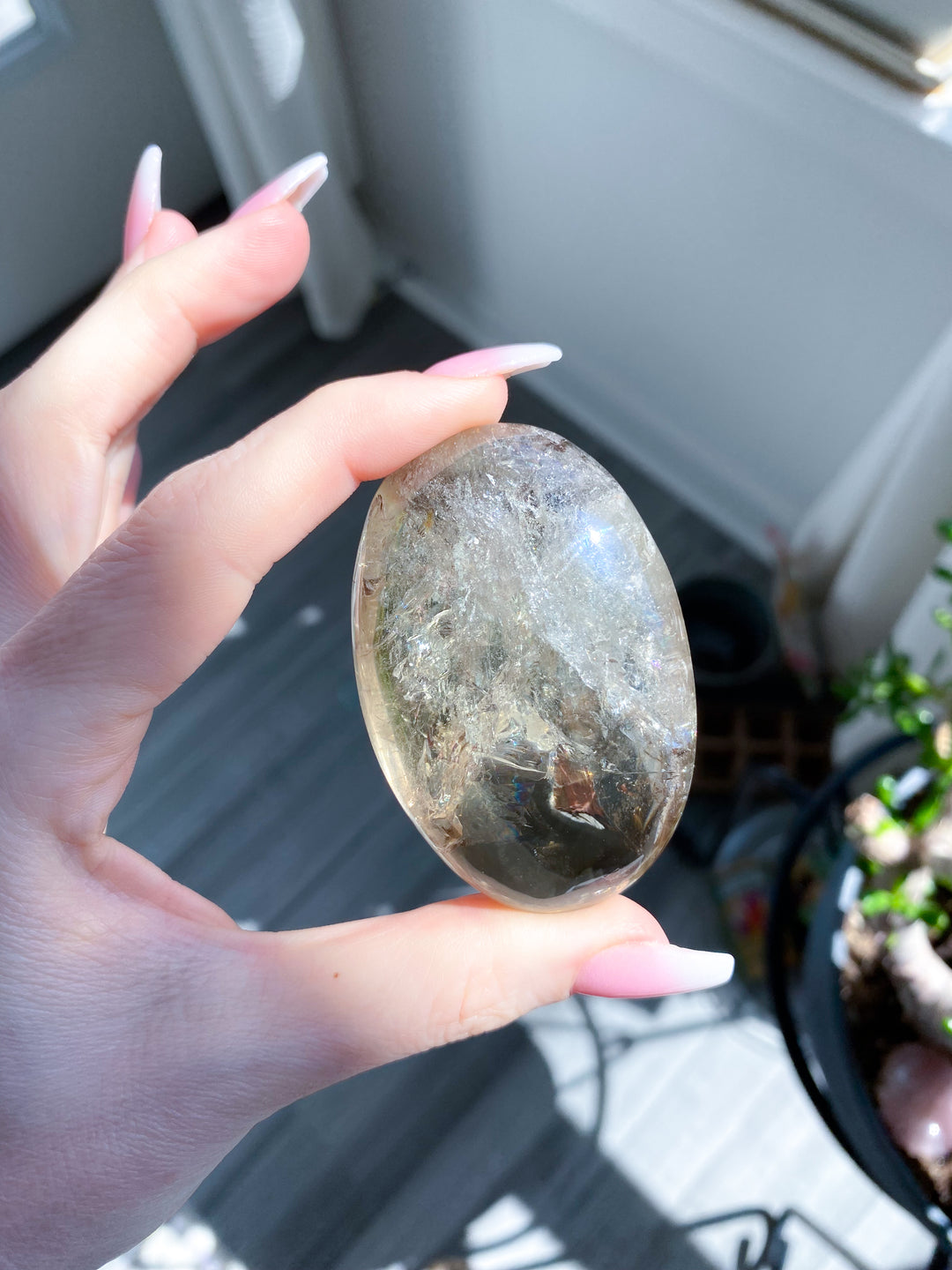 Natural Citrine Palm Stone with Smoky Inclusion, Rainbows #2