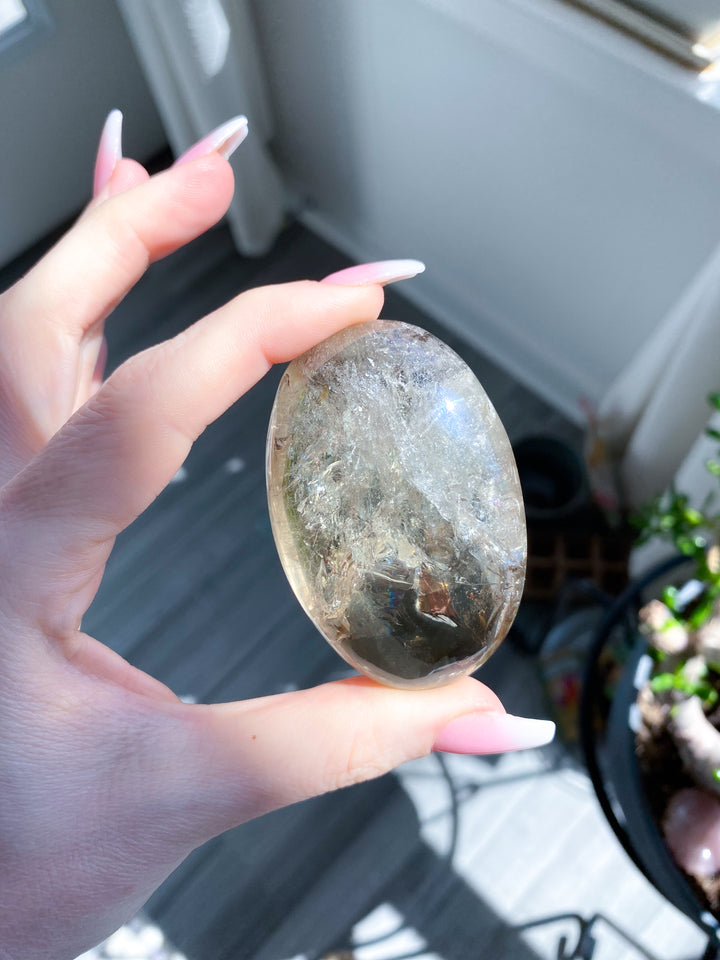 Natural Citrine Palm Stone with Smoky Inclusion, Rainbows #2