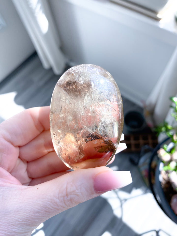 Natural Citrine Palm Stone with Smoky Inclusion, Rainbows #2