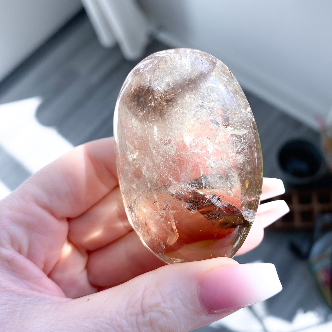 Natural Citrine Palm Stone with Smoky Inclusion, Rainbows #2