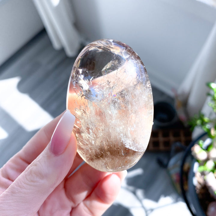 Natural Citrine Palm Stone with Smoky Inclusion, Rainbows #2
