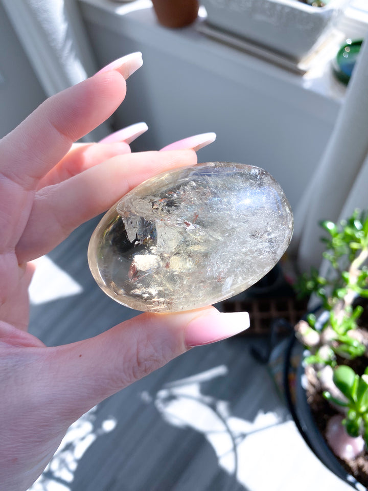 Natural Citrine Palm Stone with Smoky Inclusion, Rainbows #2