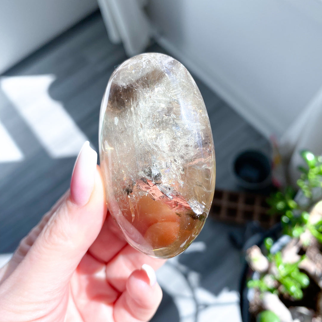 Natural Citrine Palm Stone with Smoky Inclusion, Rainbows #2