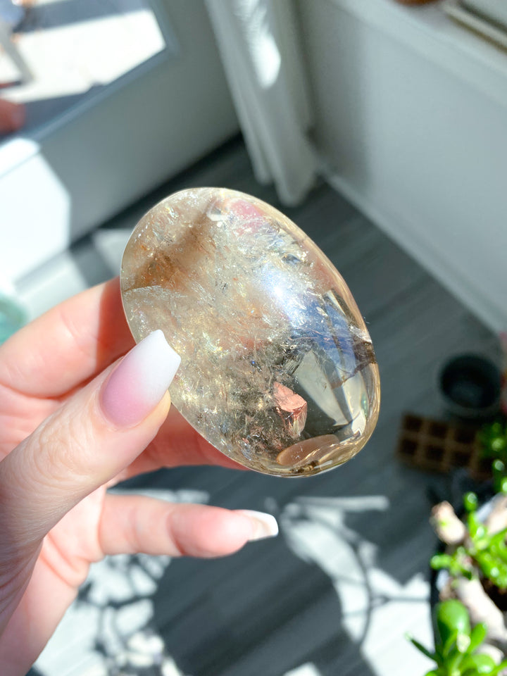 Natural Citrine Palm Stone with Smoky Inclusion, Rainbows #2