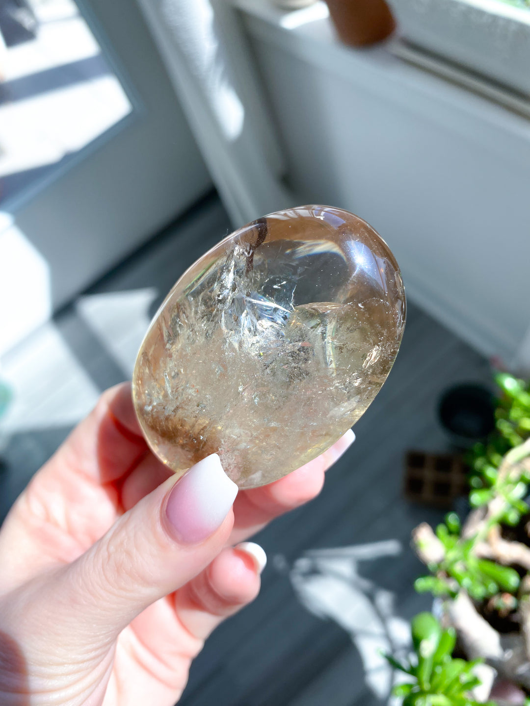 Natural Citrine Palm Stone with Smoky Inclusion, Rainbows #2
