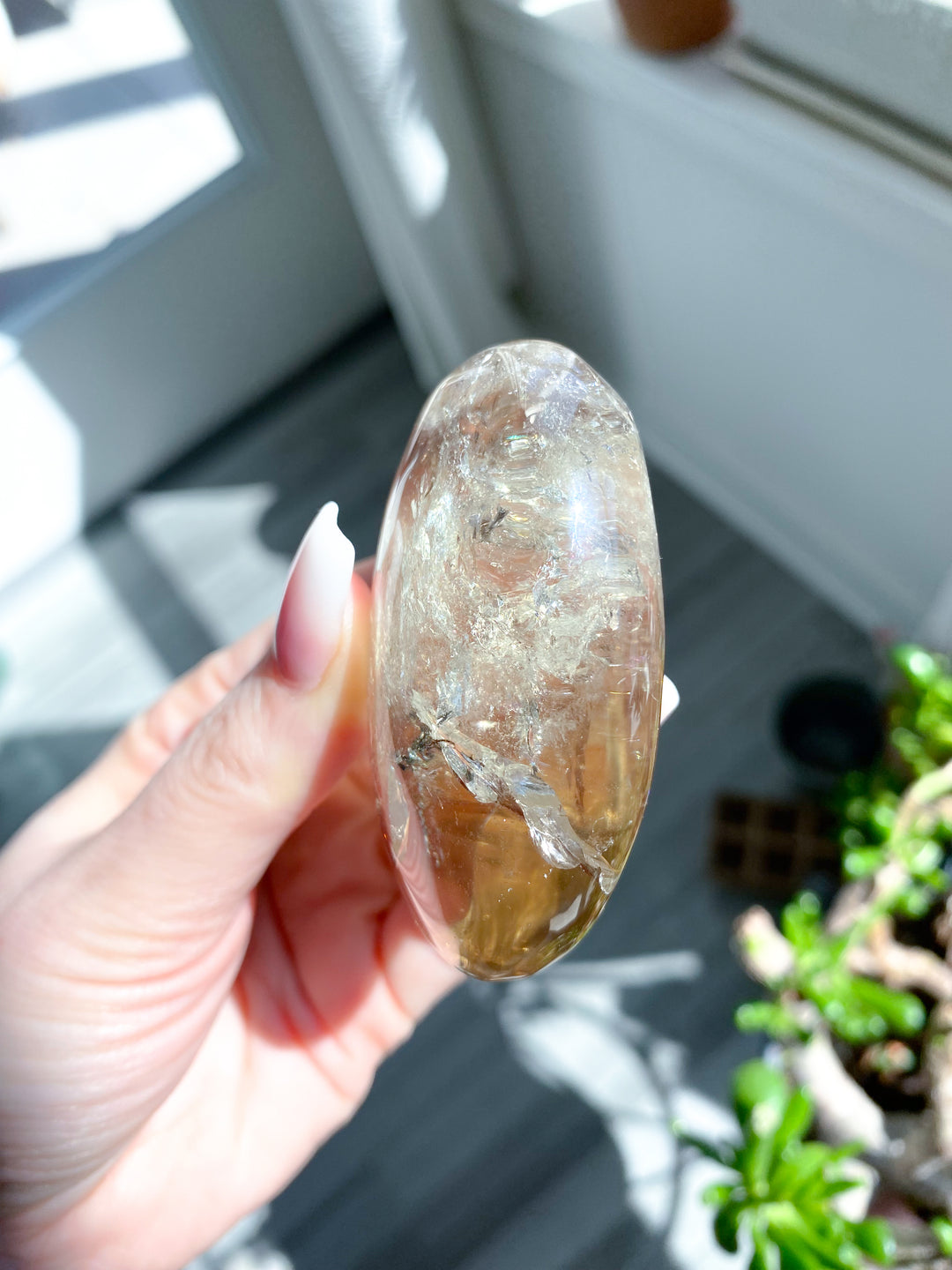 Natural Citrine Palm Stone with Smoky Inclusion, Rainbows #2