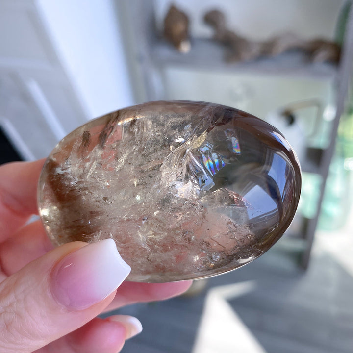 Natural Citrine Palm Stone with Smoky Inclusion, Rainbows #2