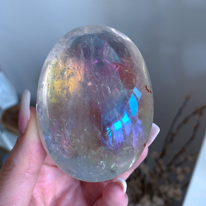 Jumbo Angel Aura Clear Quartz Palm Stone - Inclusions
