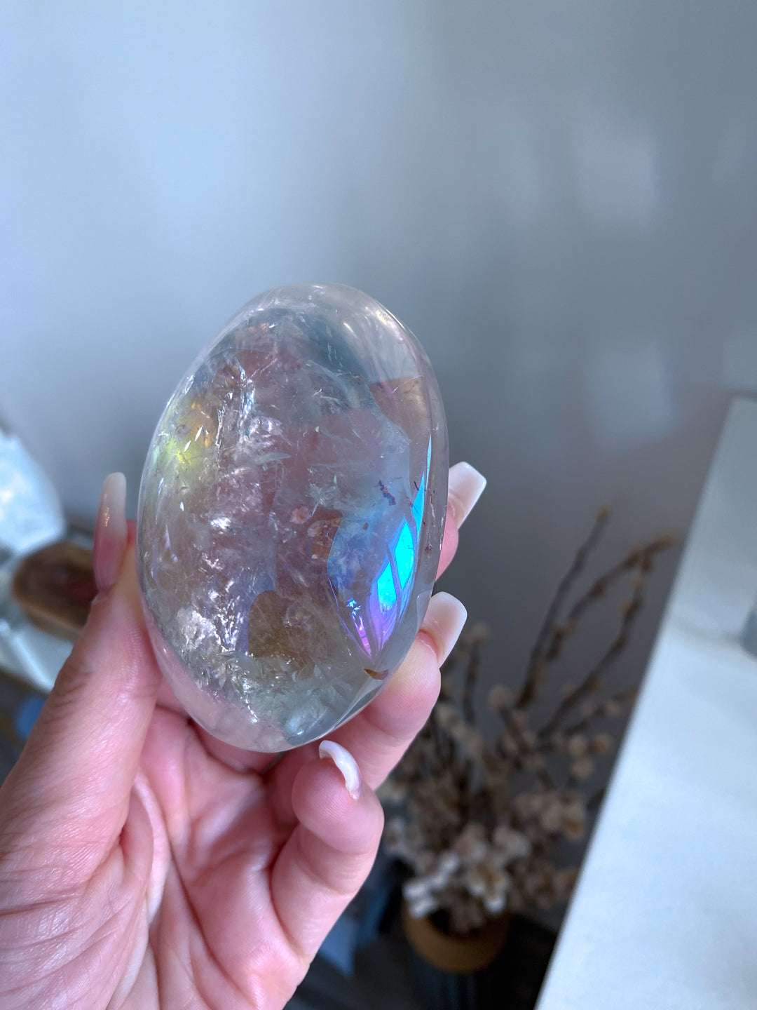 Jumbo Angel Aura Clear Quartz Palm Stone - Inclusions