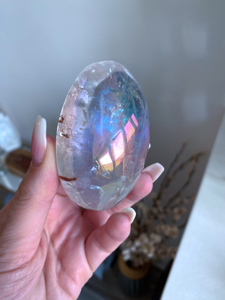 Jumbo Angel Aura Clear Quartz Palm Stone - Inclusions