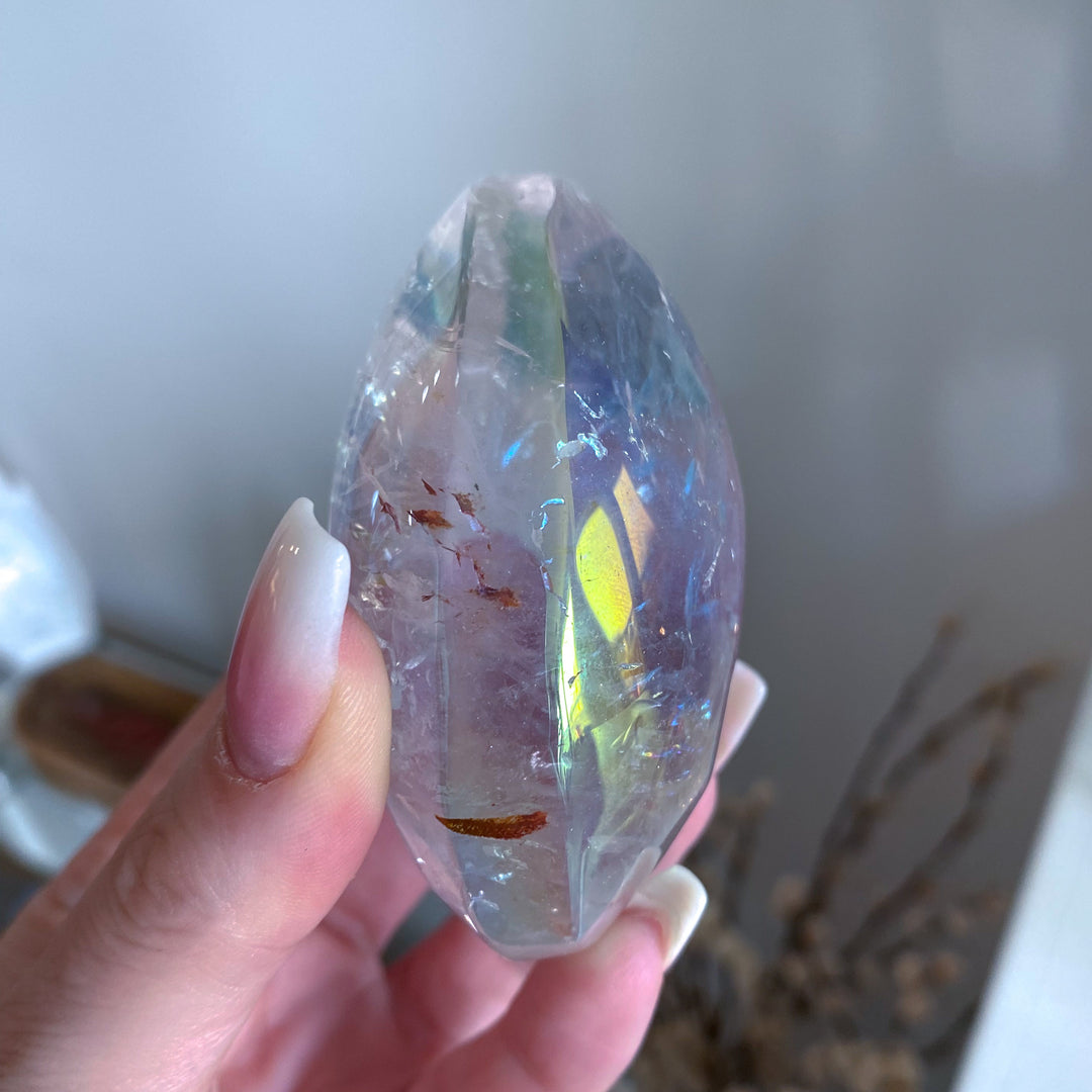 Jumbo Angel Aura Clear Quartz Palm Stone - Inclusions