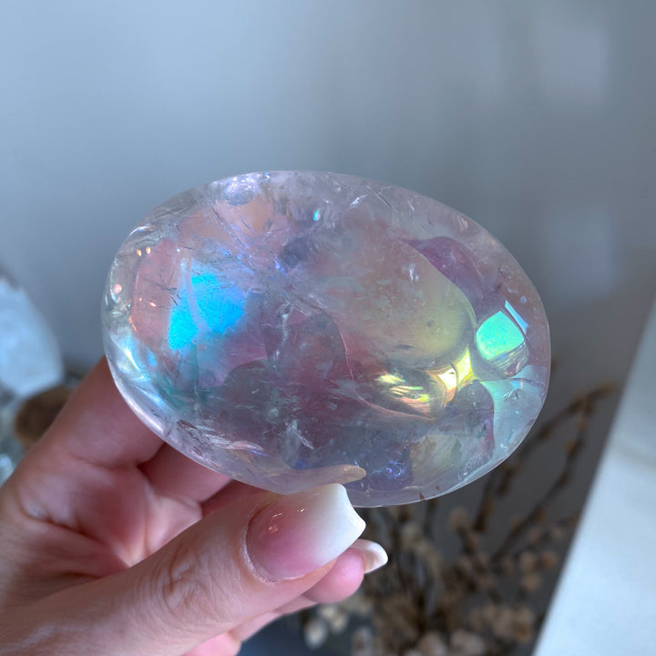 Jumbo Angel Aura Clear Quartz Palm Stone - Inclusions