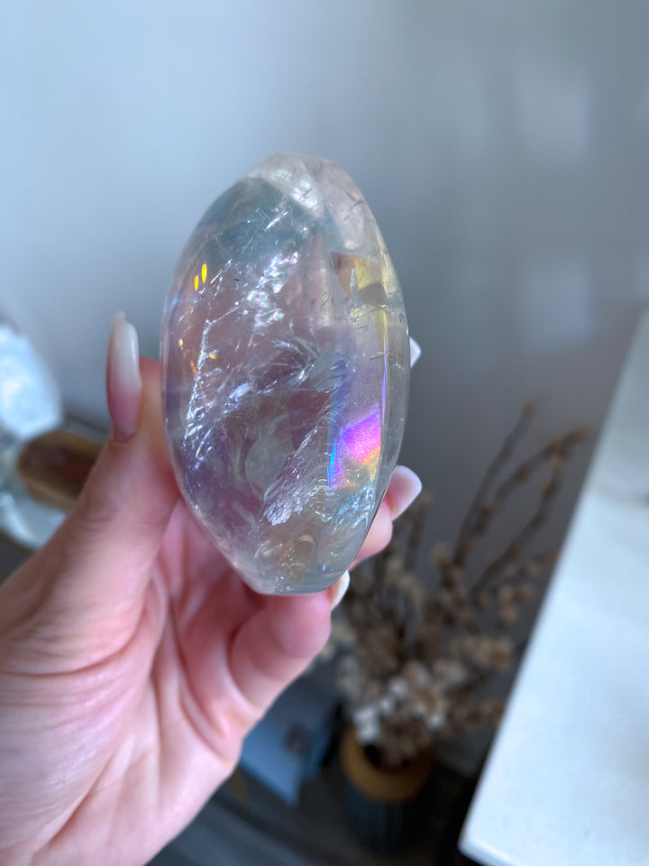 Jumbo Angel Aura Clear Quartz Palm Stone - Inclusions