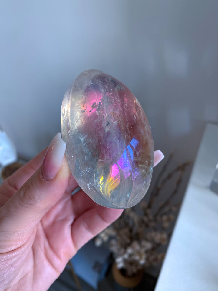 Jumbo Angel Aura Clear Quartz Palm Stone - Inclusions