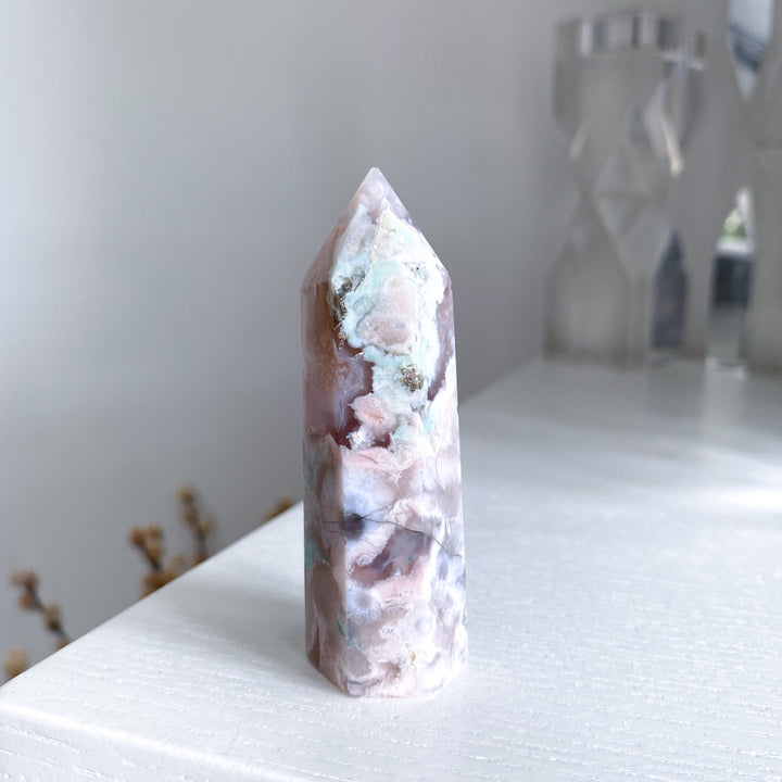 Green, Pink Flower Agate Tower #1