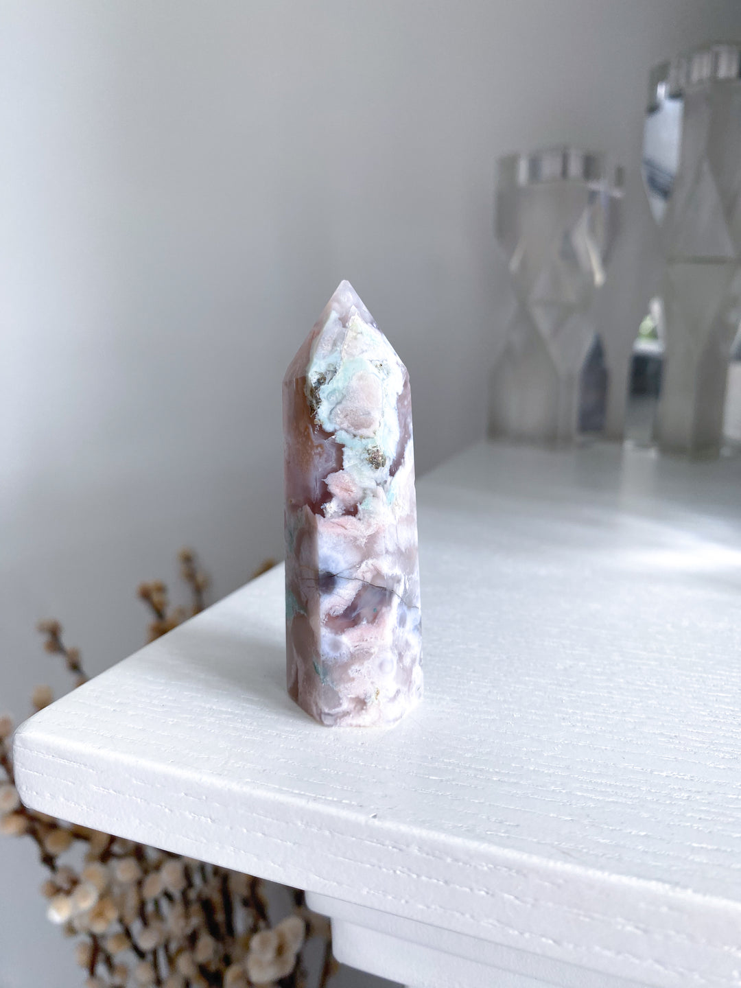 Green, Pink Flower Agate Tower #1
