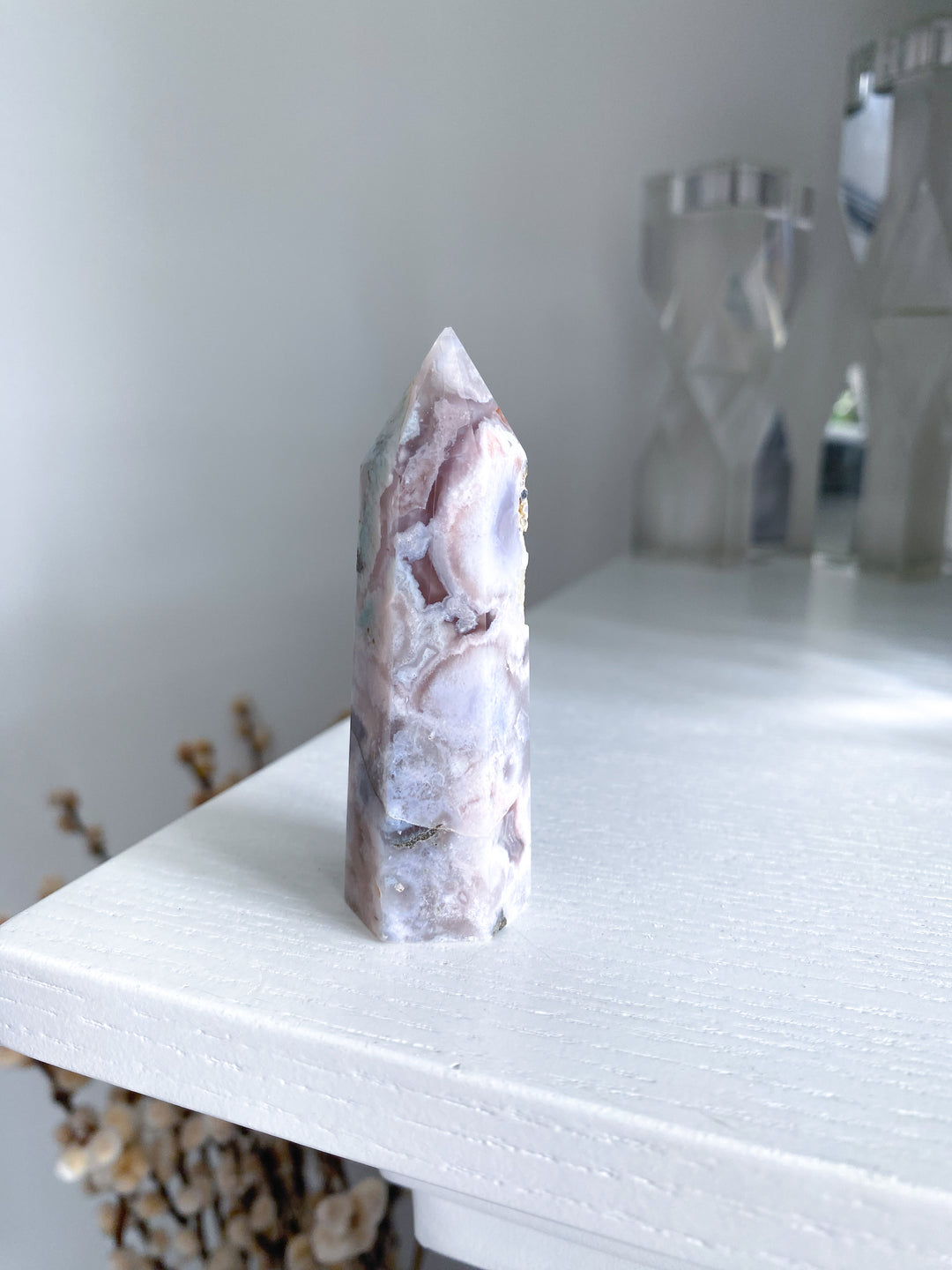 Green, Pink Flower Agate Tower #1