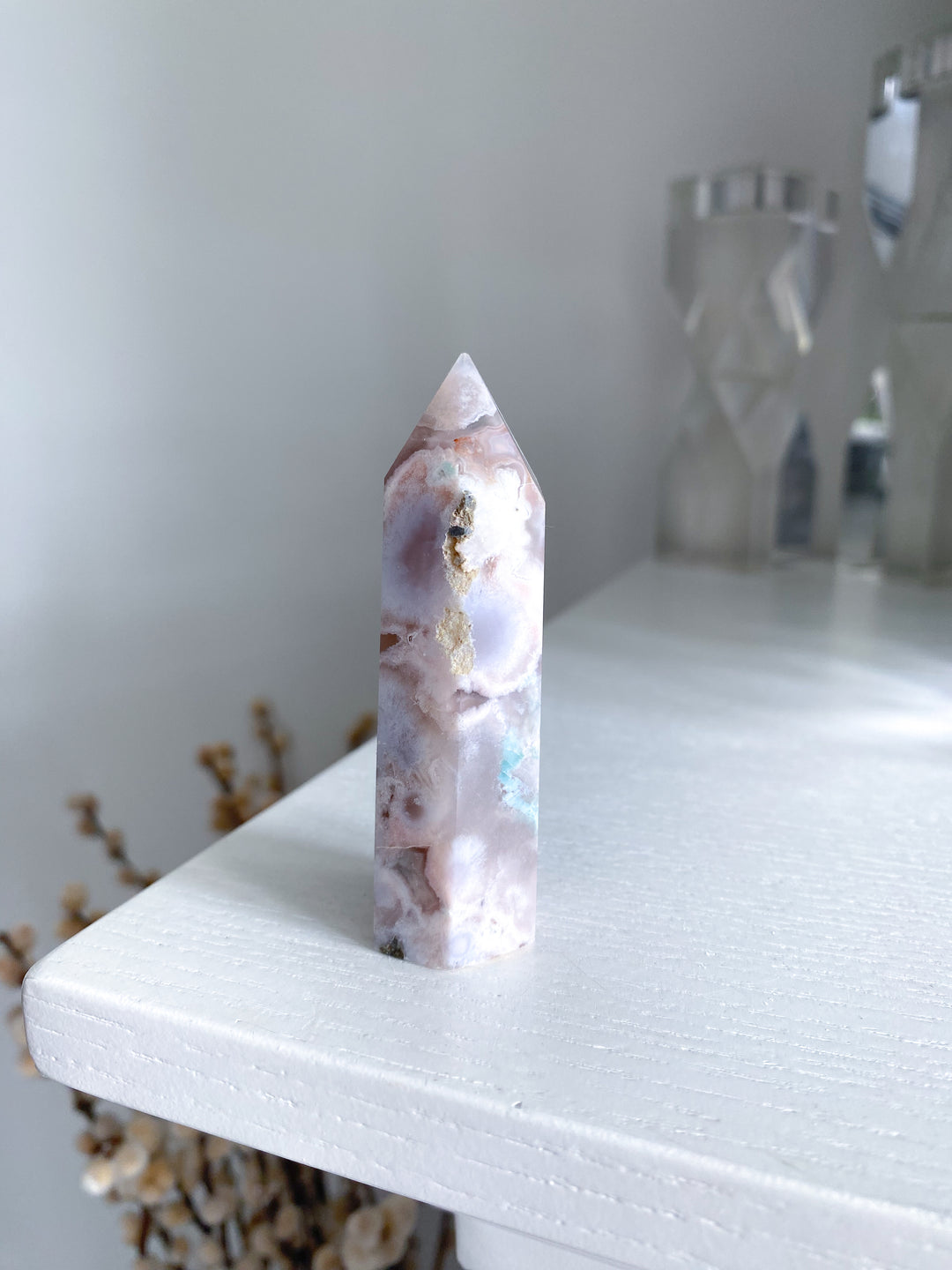 Green, Pink Flower Agate Tower #1