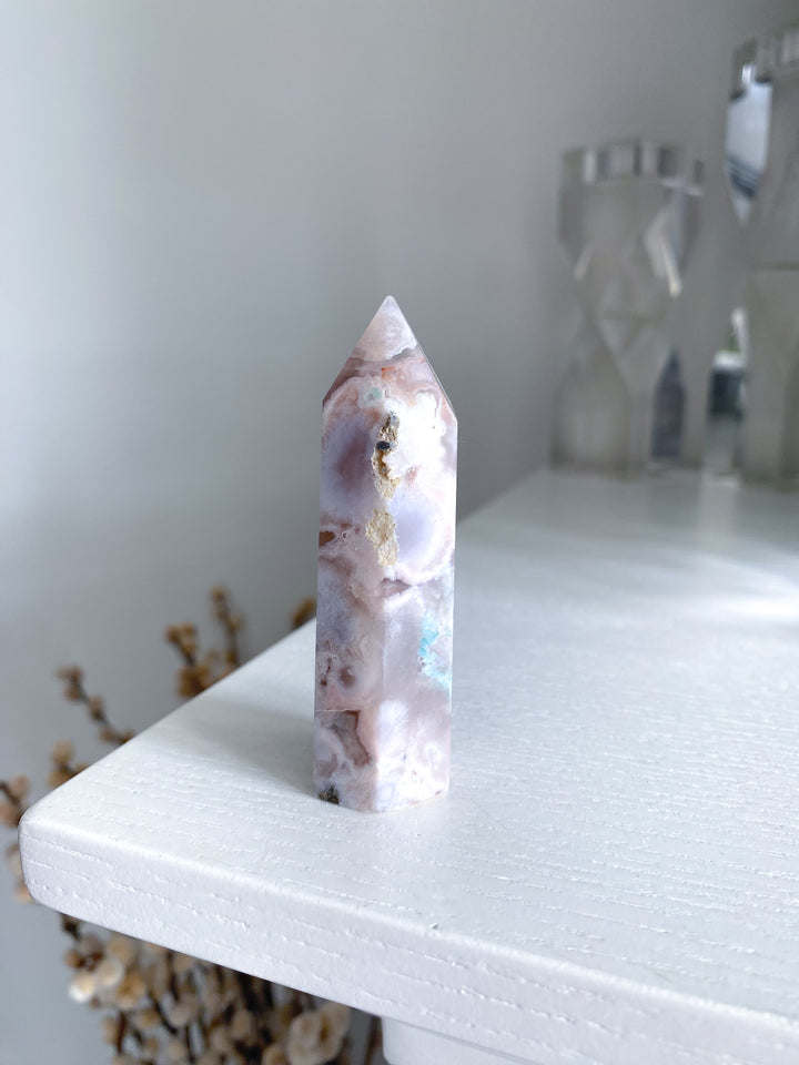 Green, Pink Flower Agate Tower #1