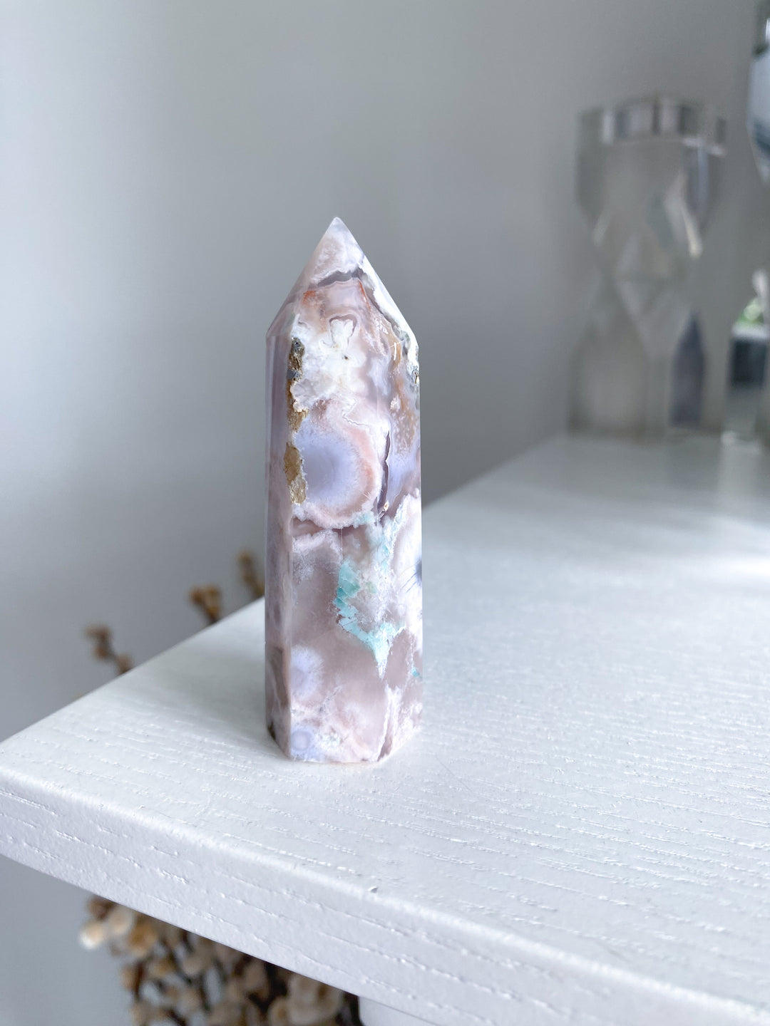 Green, Pink Flower Agate Tower #1