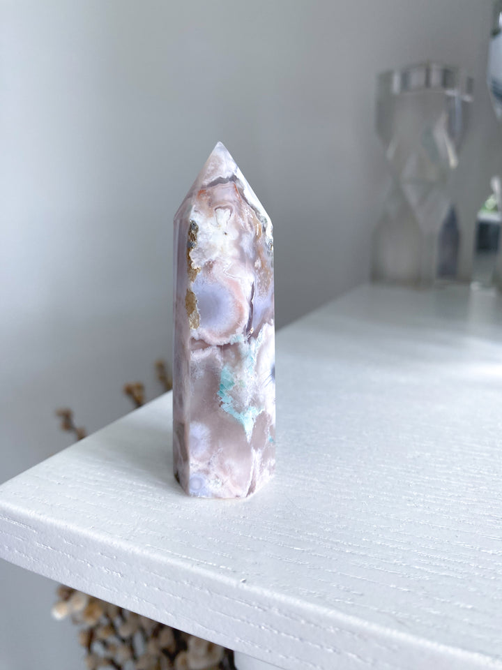 Green, Pink Flower Agate Tower #1