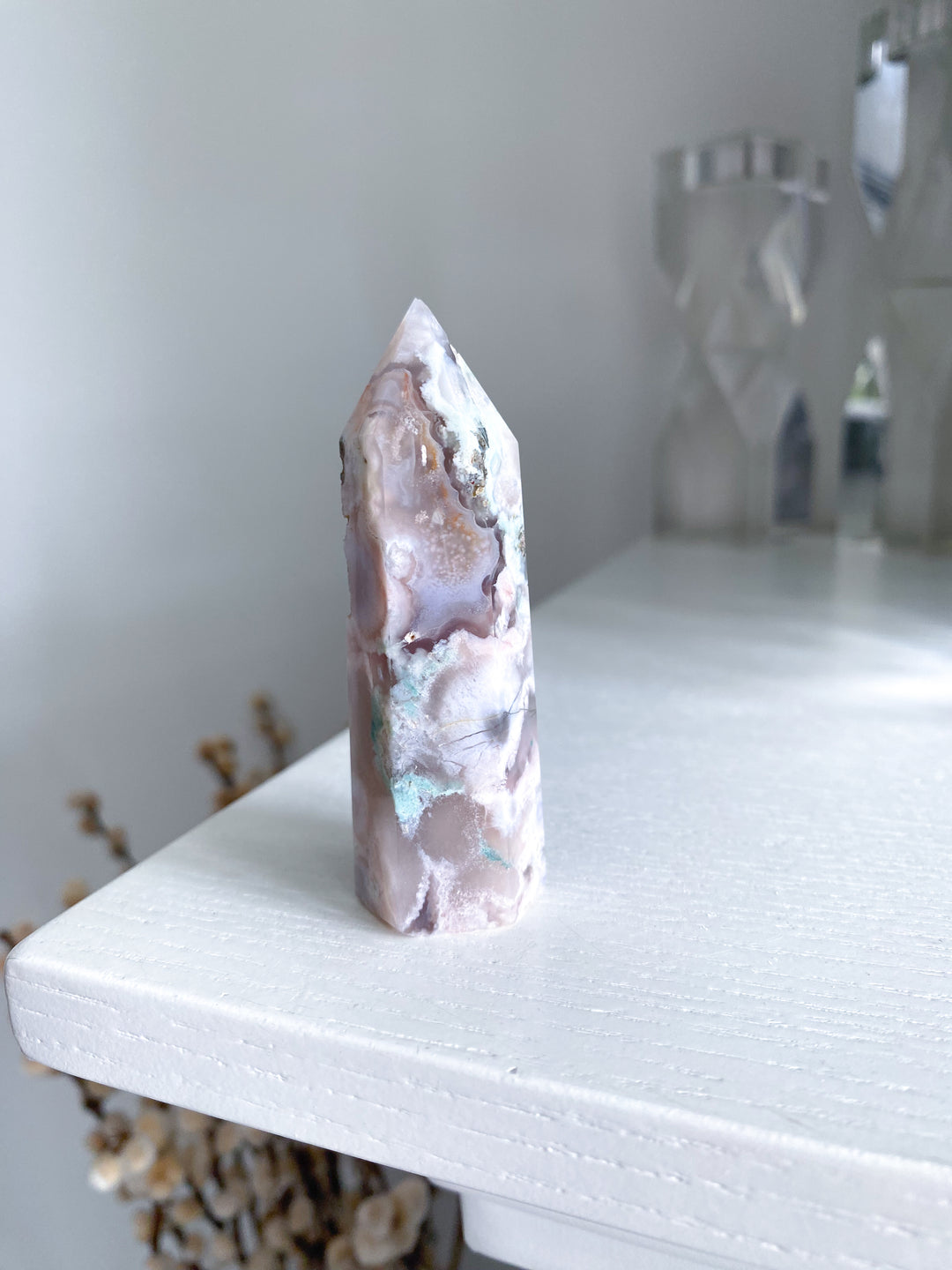 Green, Pink Flower Agate Tower #1