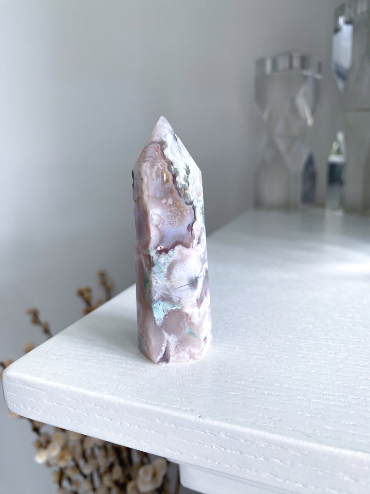 Green, Pink Flower Agate Tower #1