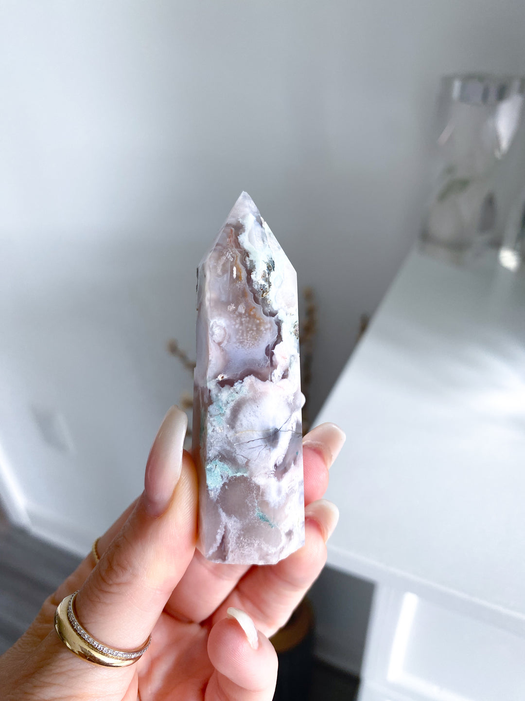 Green, Pink Flower Agate Tower #1