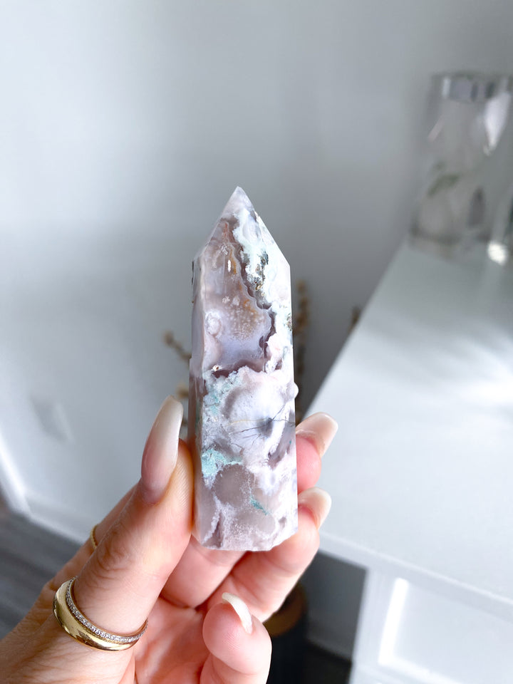 Green, Pink Flower Agate Tower #1