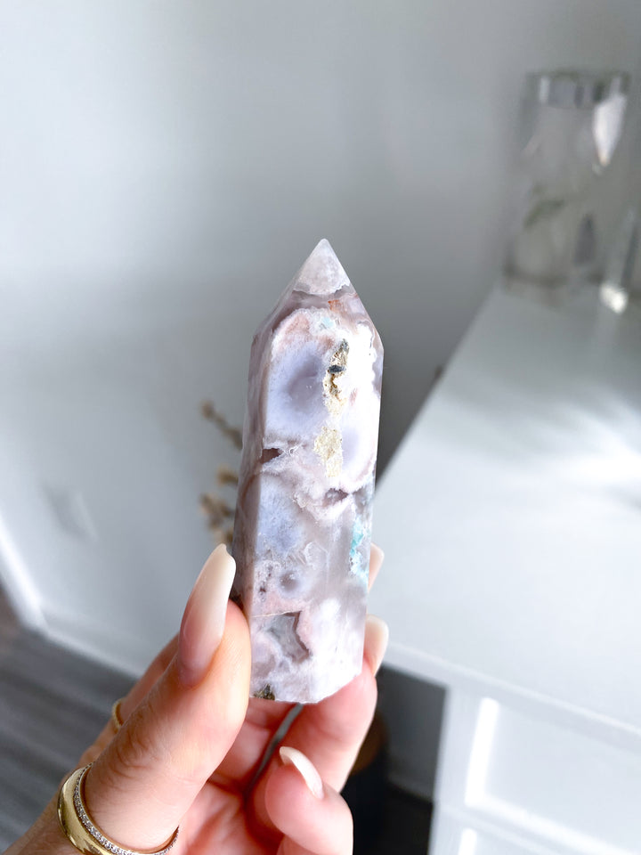 Green, Pink Flower Agate Tower #1