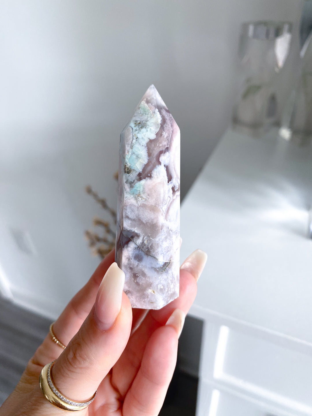 Green, Pink Flower Agate Tower #1