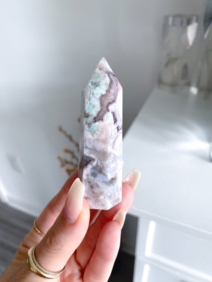 Green, Pink Flower Agate Tower #1
