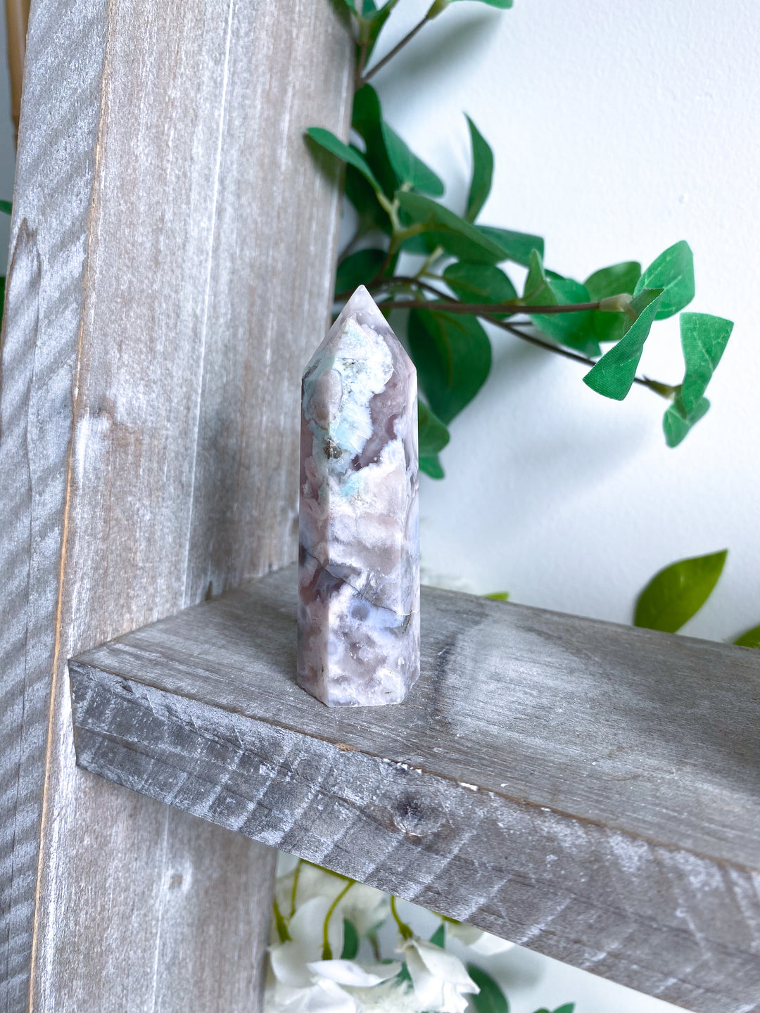 Green, Pink Flower Agate Tower #1