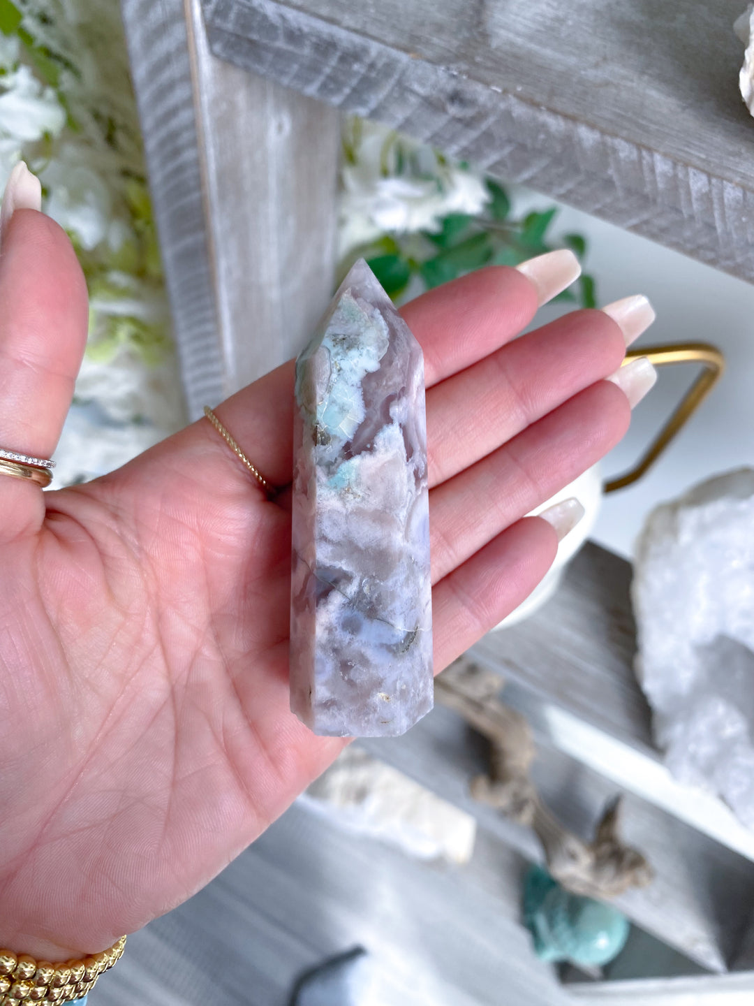 Green, Pink Flower Agate Tower #1