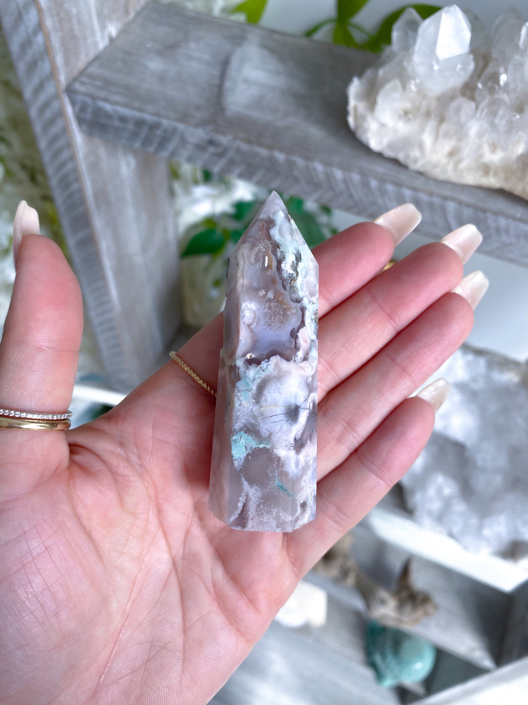 Green, Pink Flower Agate Tower #1