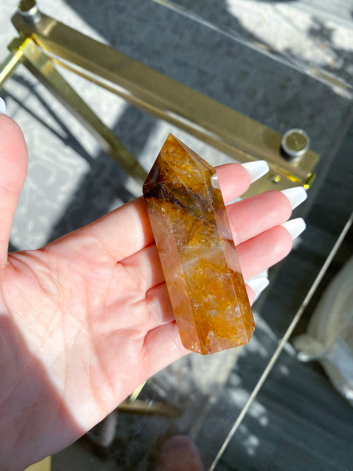 Stripe 3" Golden Healer Quartz Tower - Healing - Cleanse - Clear Blockages - Crown Chakra - High Vibe - Divine Energy