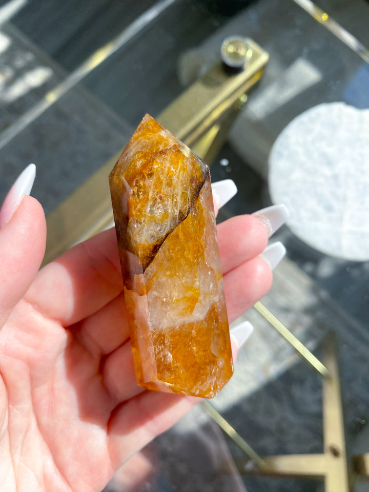 Stripe 3" Golden Healer Quartz Tower - Healing - Cleanse - Clear Blockages - Crown Chakra - High Vibe - Divine Energy
