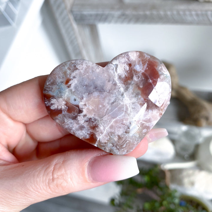 Hand Carved Pink Flower Agate Heart 