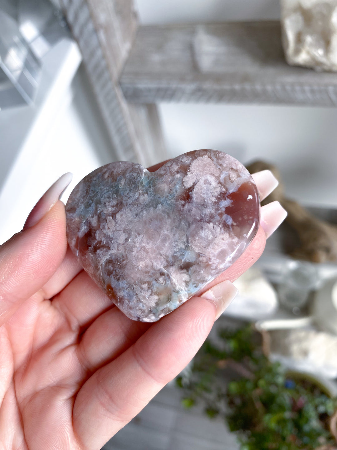 Hand Carved Pink Flower Agate Heart 